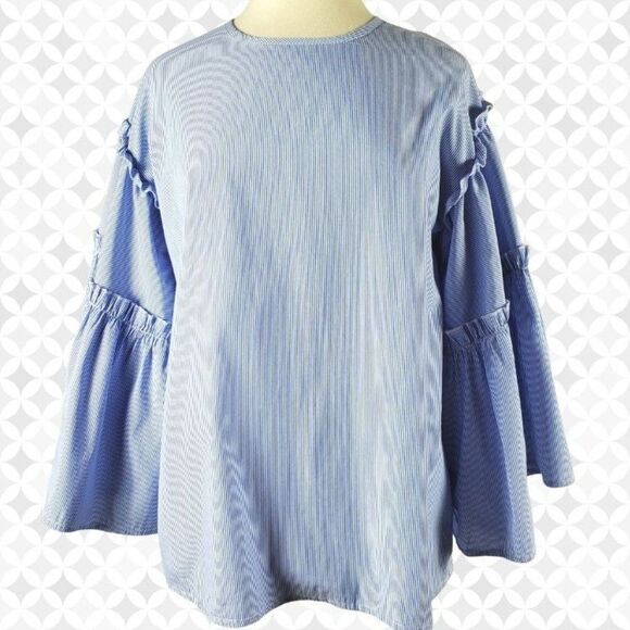 Unbranded Tops - dRA Los Angeles blue & white pin striped wide ruffled bell sleeved blouse Sz M